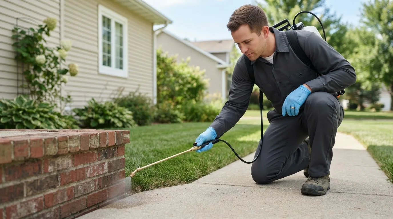 Pest control technician treating a home near Auburndale, MA