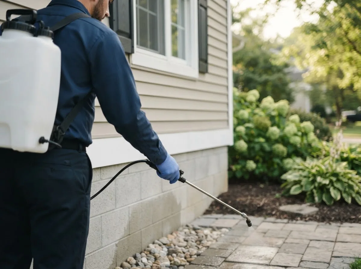 Pest control technician inspecting a home in Auburndale, MA